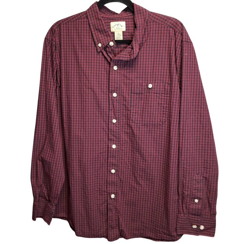 Blue Mountain Mens Large Burgundy navy Check Button Down Long Sleeve Shirt‎